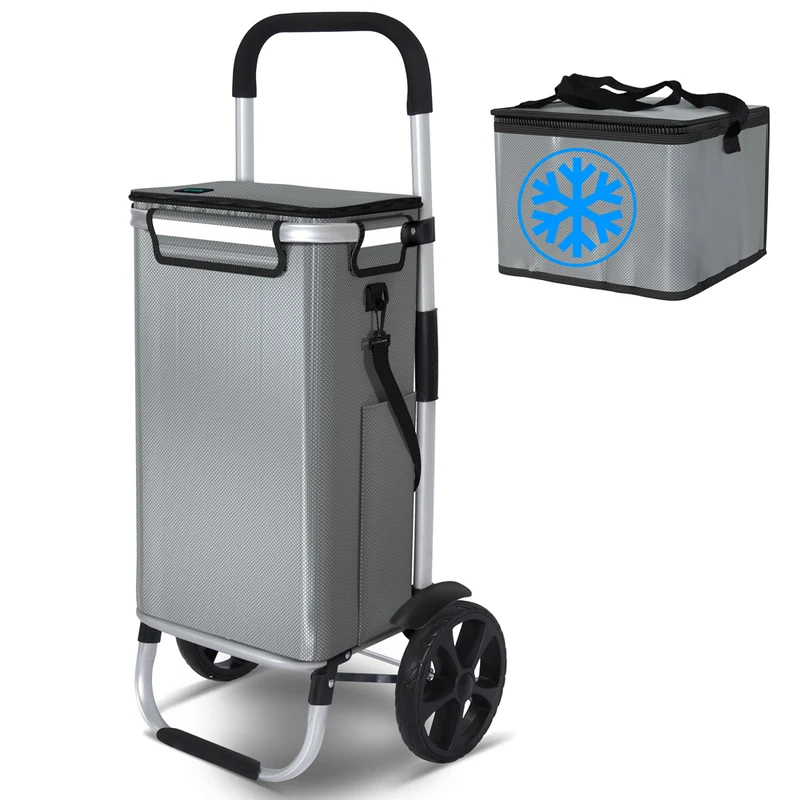 Chariot de course pliable aluminium 2 roues avec sac isotherme gris