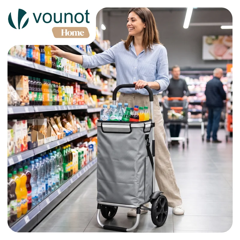 Chariot de course pliable aluminium 2 roues avec sac isotherme gris