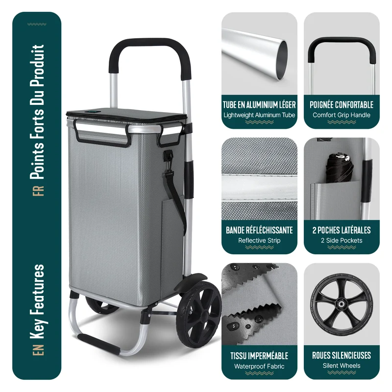 Chariot de course pliable aluminium 2 roues avec sac isotherme gris