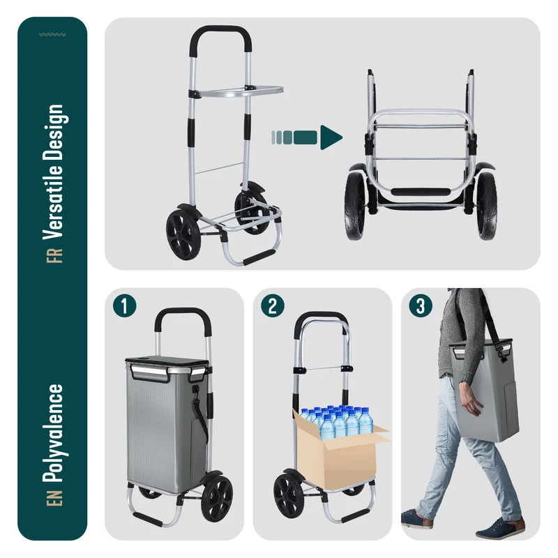 Chariot de course pliable aluminium 2 roues avec sac isotherme gris