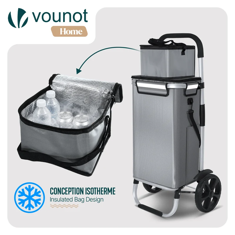 Chariot de course pliable aluminium 2 roues avec sac isotherme gris