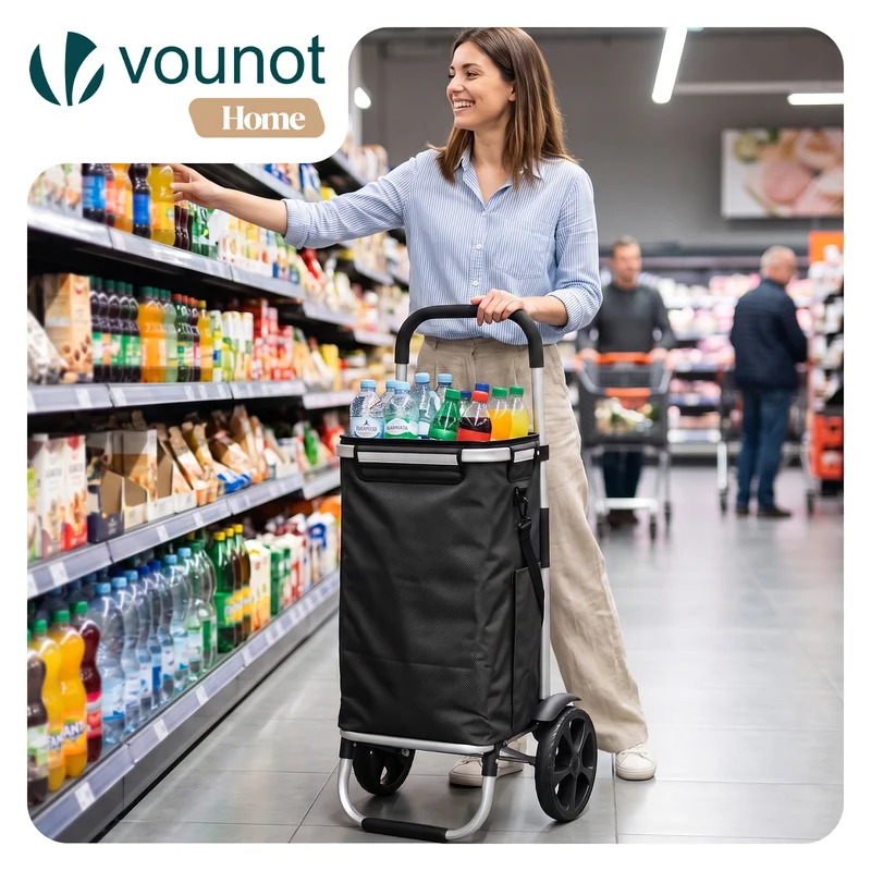 Chariot de course pliable aluminium 2 roues avec sac isotherme noir