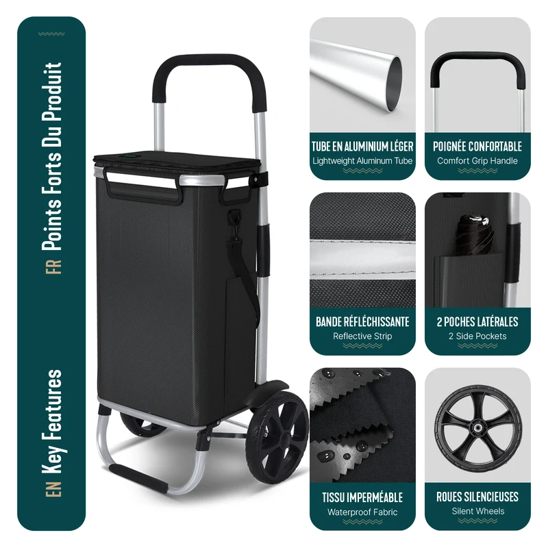 Chariot de course pliable aluminium 2 roues avec sac isotherme noir