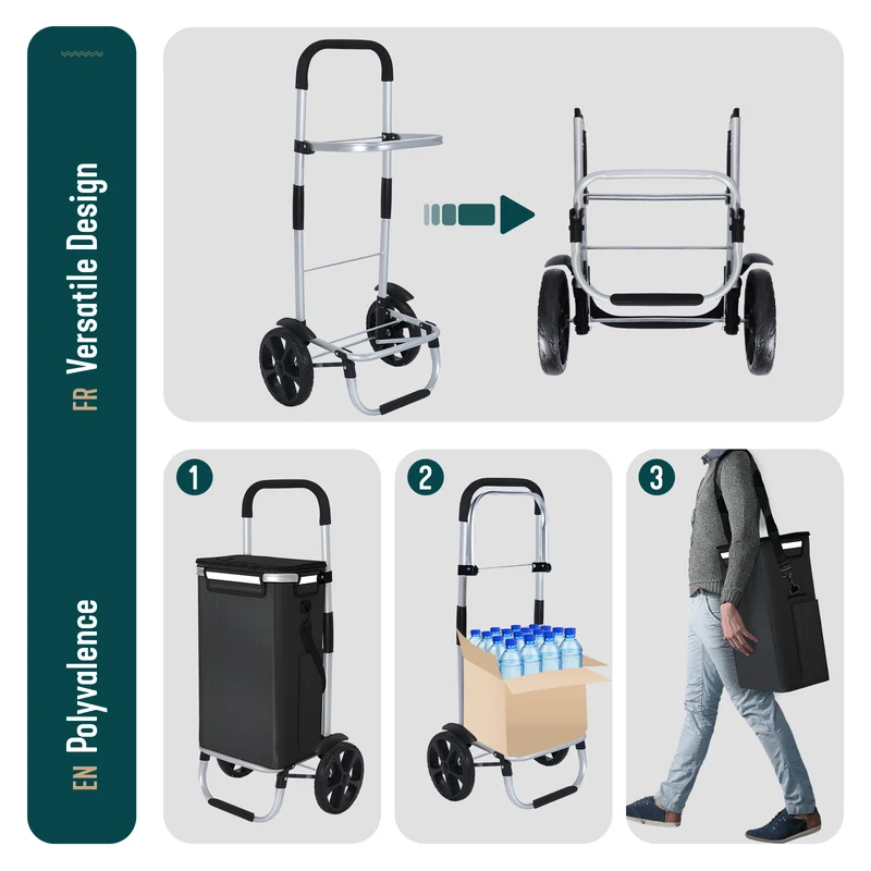 Chariot de course pliable aluminium 2 roues avec sac isotherme noir