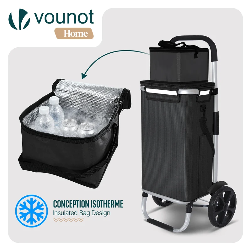 Chariot de course pliable aluminium 2 roues avec sac isotherme noir