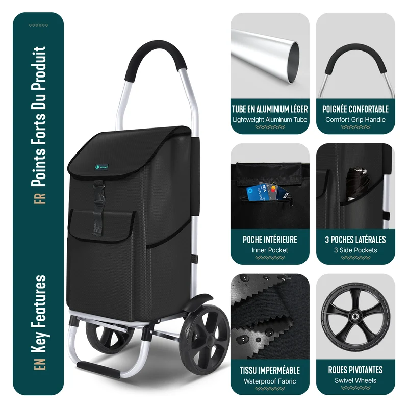 Chariot de course pliable aluminium 2 roues noir