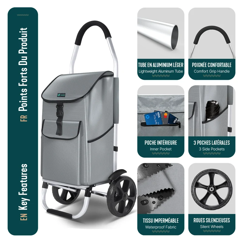 Chariot de course pliable aluminium 2 roues gris