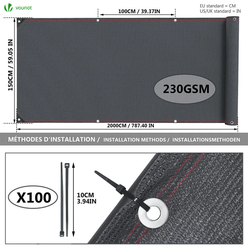 Brise vue occultant en HDPE 230g/m² 1.5x20m avec attaches de fixation anthracite