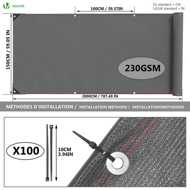 Brise vue occultant en HDPE 230g/m² 1.5x20m avec attaches de fixation gris