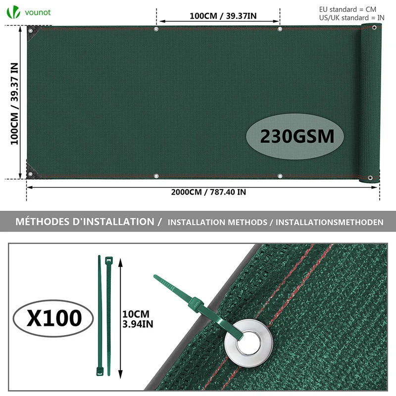 Brise vue occultant en HDPE 230g/m² 1x20m avec attaches de fixation vert