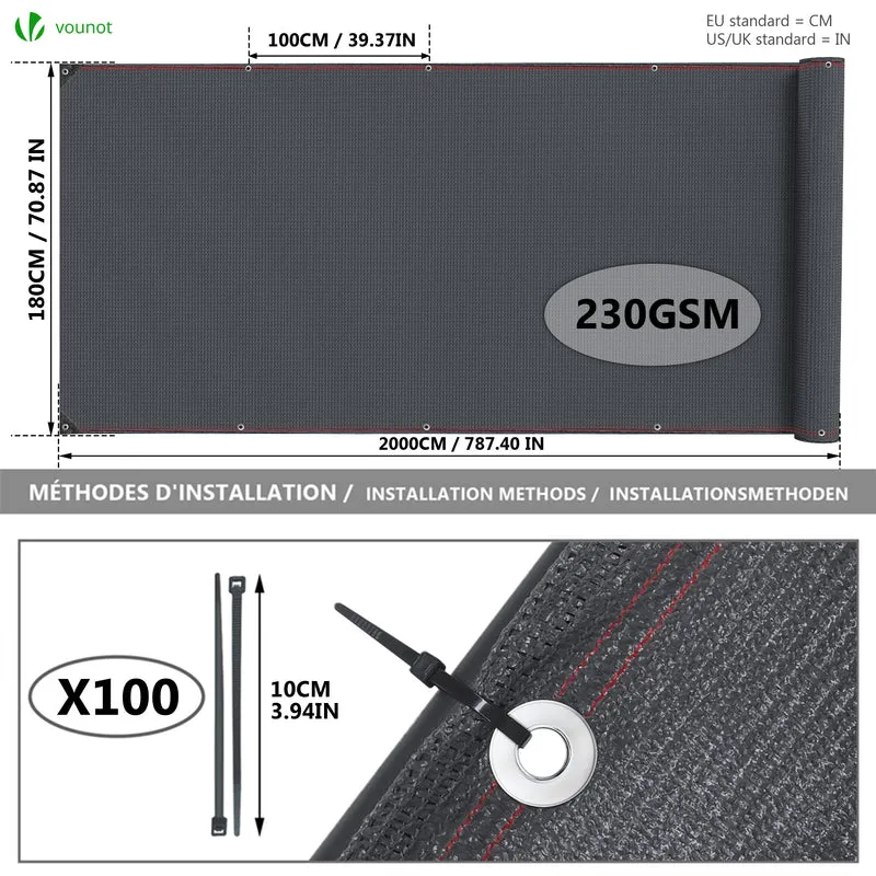 Brise vue occultant en HDPE 230g/m² 1.8x20m avec attaches de fixation anthracite