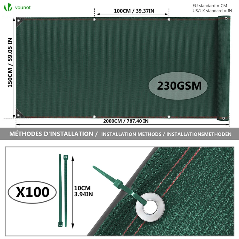 Brise vue occultant en HDPE 230g/m² 1.5x20m avec attaches de fixation vert