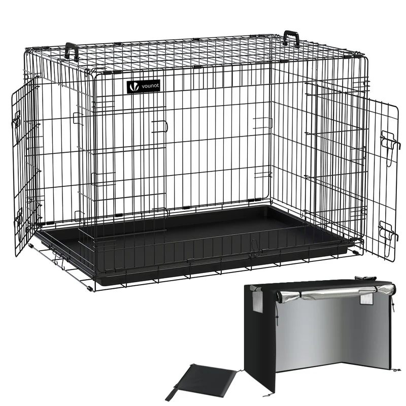 Cage pour chien pliable avec 2 portes verrouillable plateau amovible et housse de protection 107x70x78cm