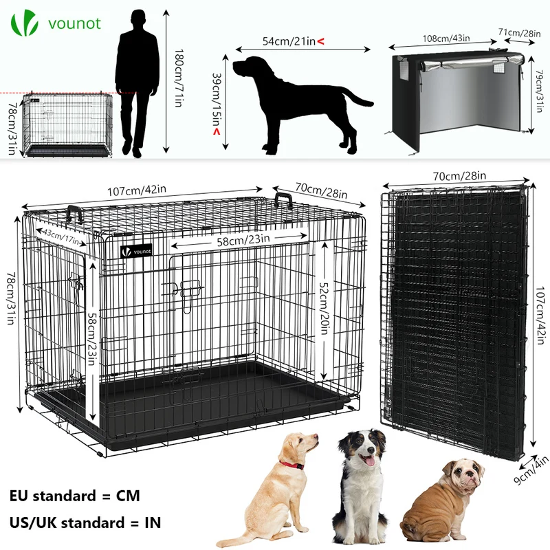 Cage pour chien pliable avec 2 portes verrouillable plateau amovible et housse de protection 107x70x78cm
