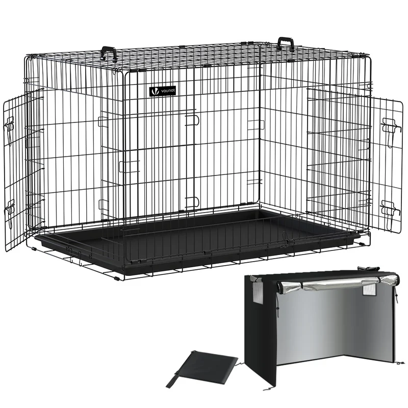 Cage pour chien pliable avec 2 portes verrouillable plateau amovible et housse de protection 122x75x81cm