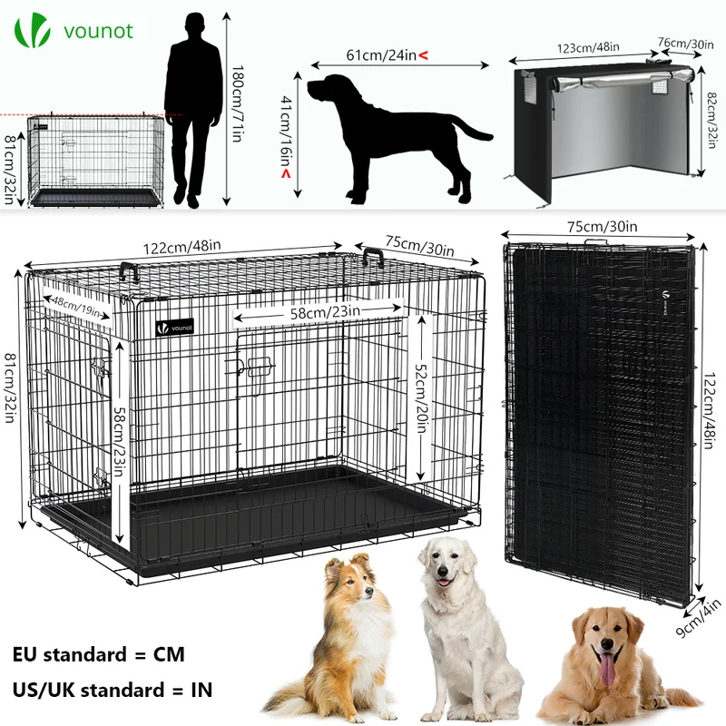 Cage pour chien pliable avec 2 portes verrouillable plateau amovible et housse de protection 122x75x81cm
