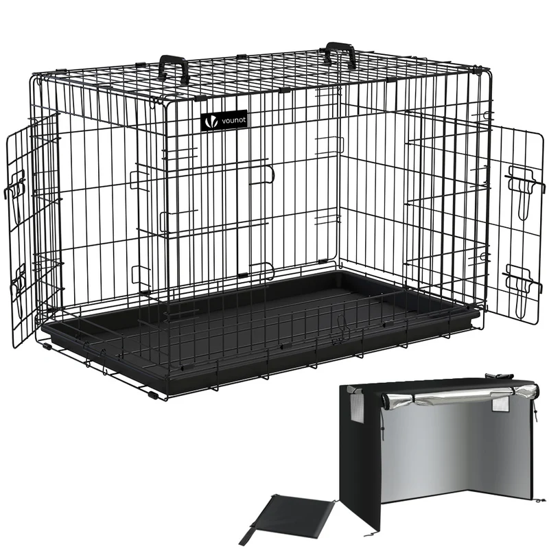 Cage pour chien pliable avec 2 portes verrouillable plateau amovible et housse de protection 92x58x64cm