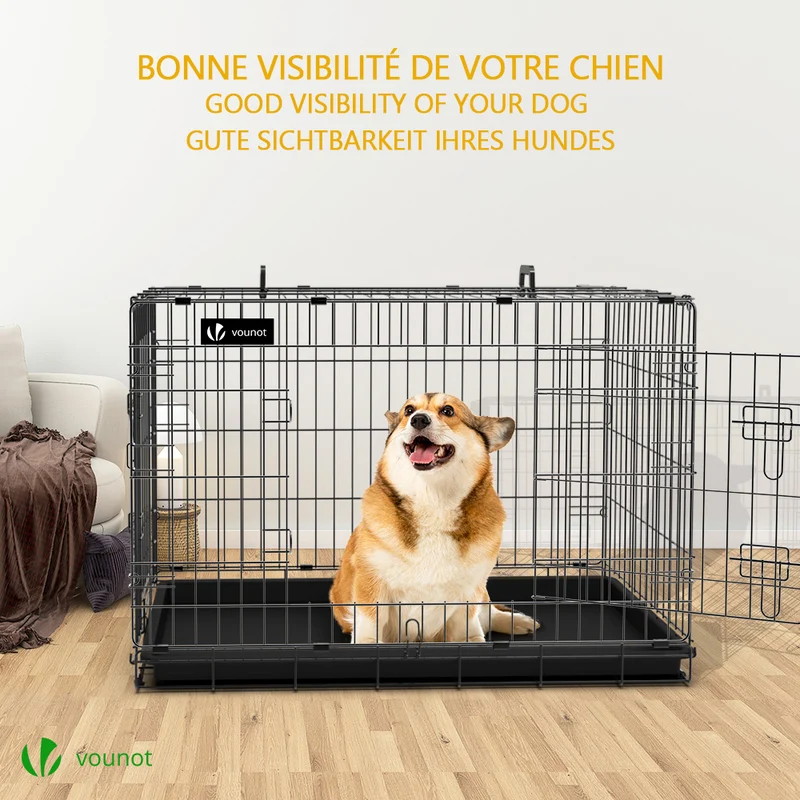 Cage pour chien pliable avec 2 portes verrouillable plateau amovible et housse de protection 92x58x64cm