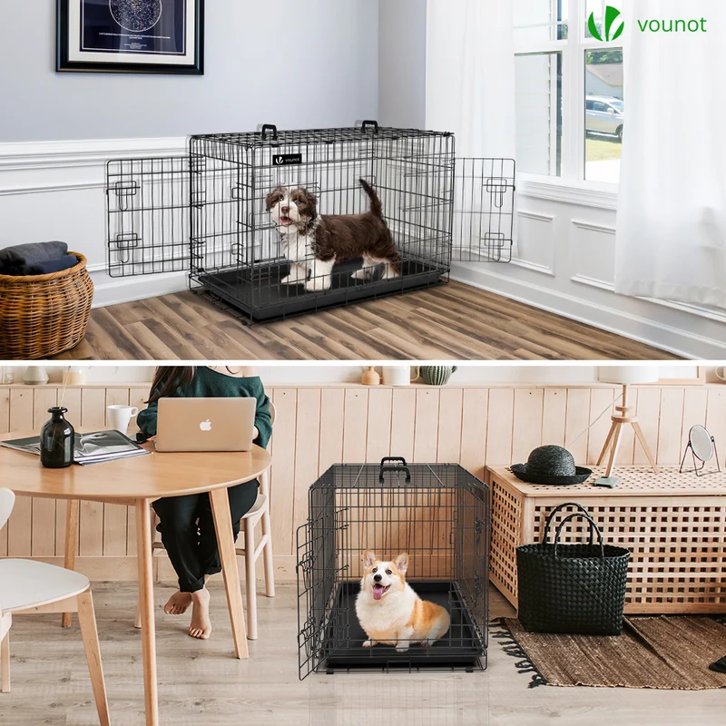 Cage pour chien pliable avec 2 portes verrouillable plateau amovible et housse de protection 92x58x64cm