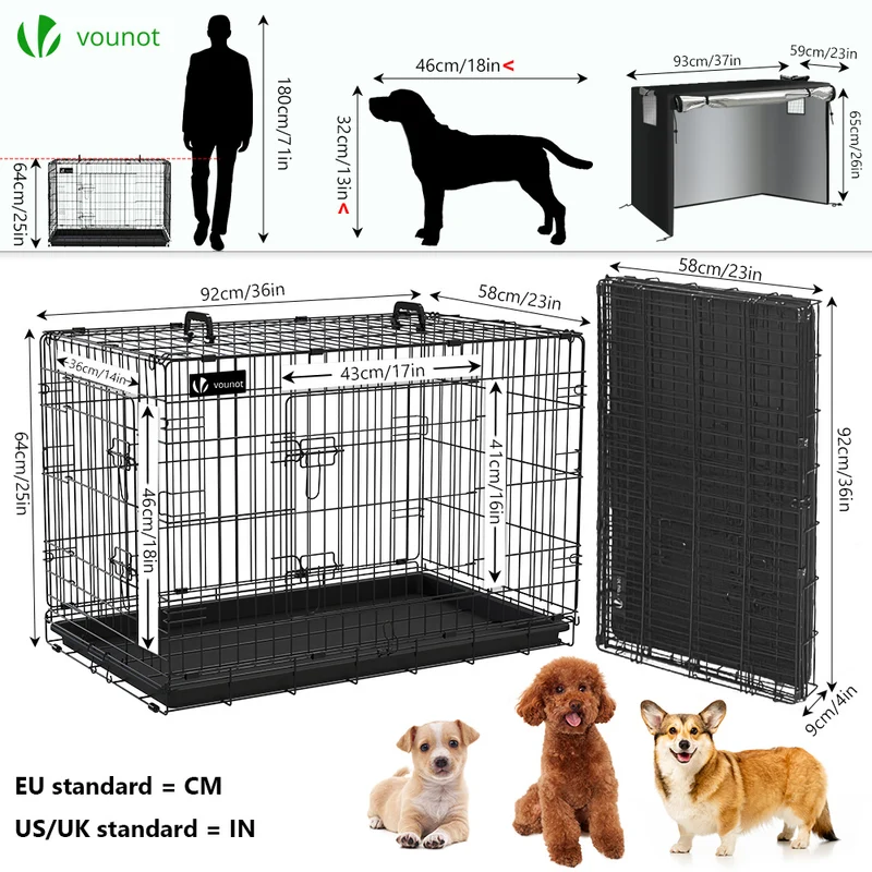Cage pour chien pliable avec 2 portes verrouillable plateau amovible et housse de protection 92x58x64cm