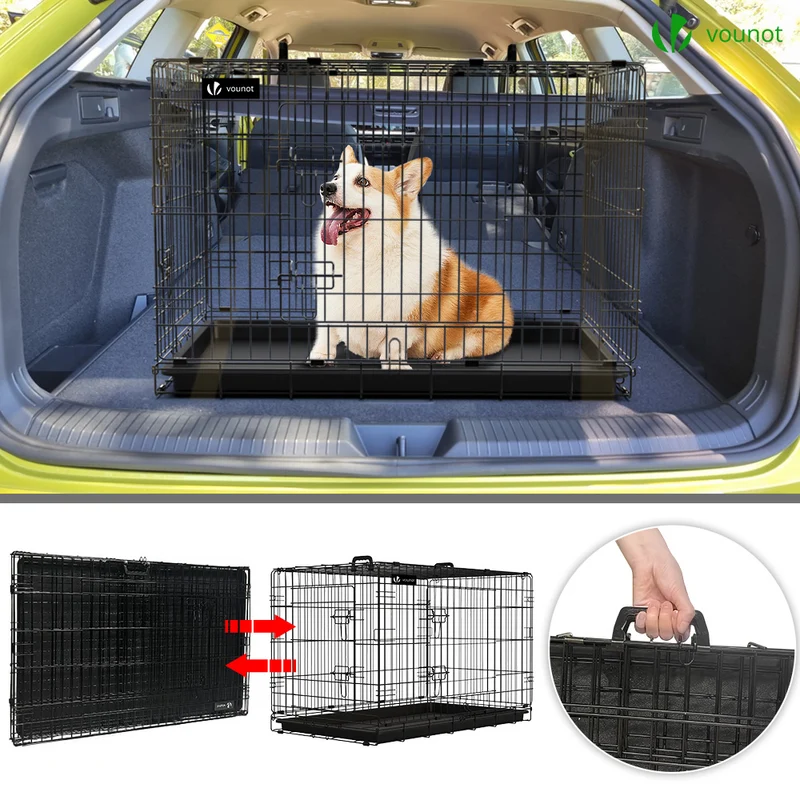 Cage pour chien pliable avec 2 portes verrouillable plateau amovible et housse de protection 92x58x64cm