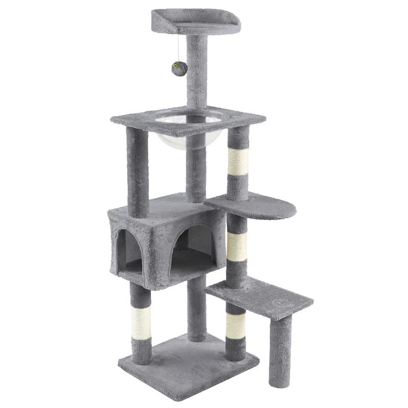 Arbre à Chat 138cm avec Griffoir Plateforme Niche et Capsule Spatiale gris