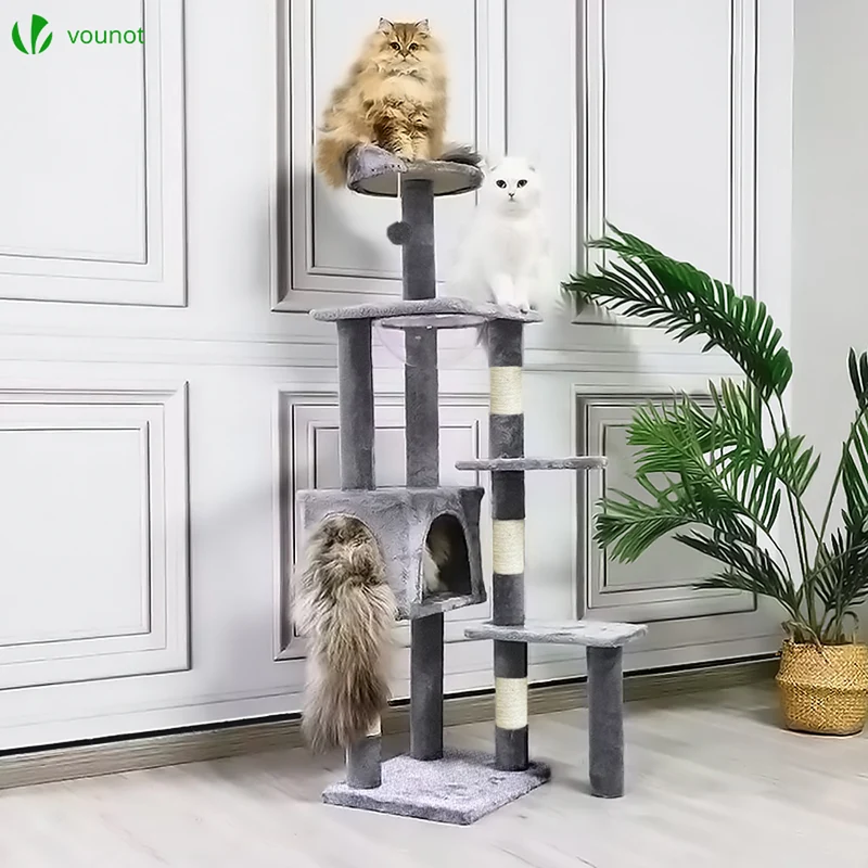 Arbre à Chat 138cm avec Griffoir Plateforme Niche et Capsule Spatiale gris