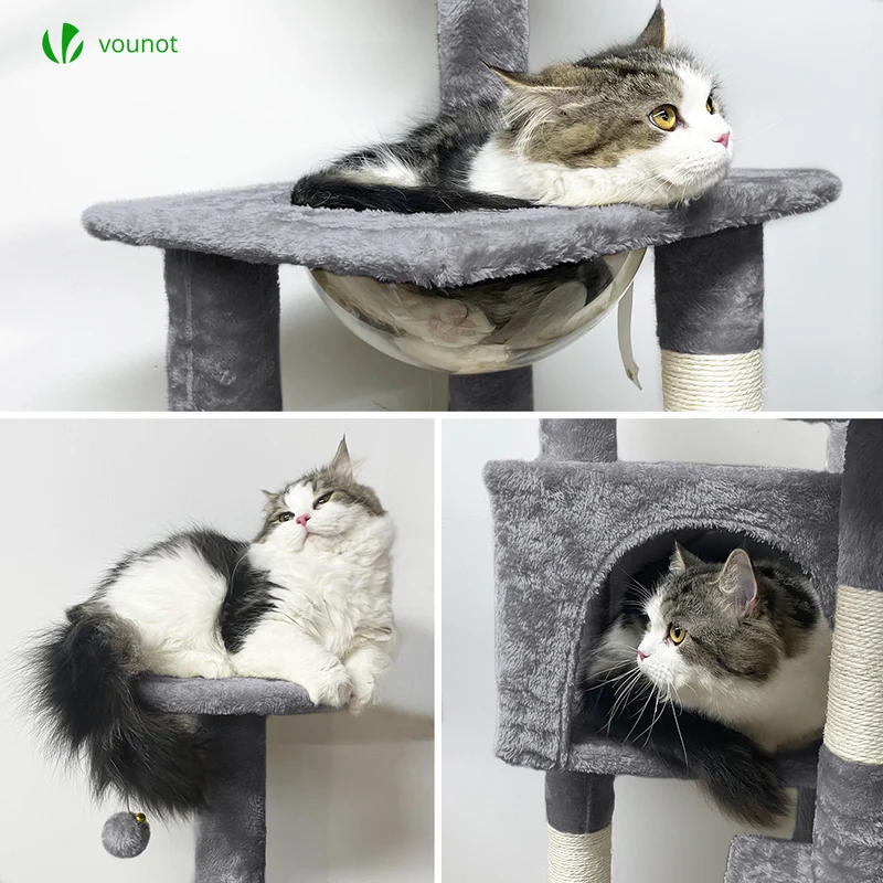 Arbre à Chat 138cm avec Griffoir Plateforme Niche et Capsule Spatiale gris