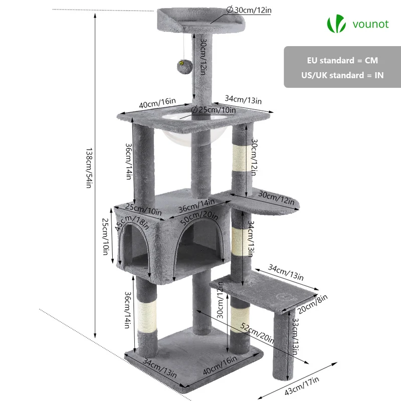 Arbre à Chat 138cm avec Griffoir Plateforme Niche et Capsule Spatiale gris