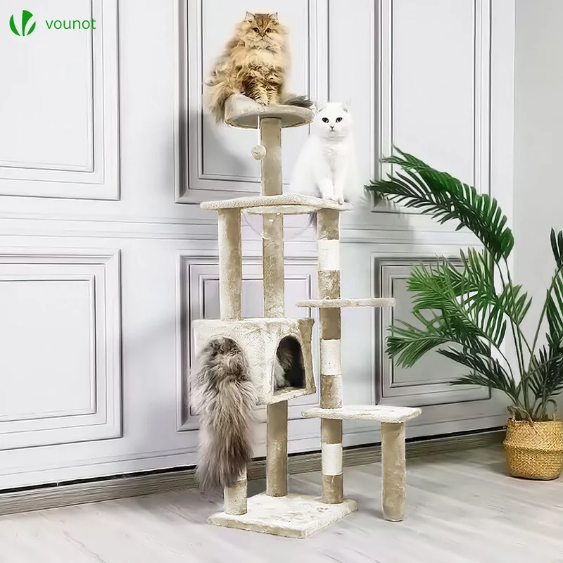 Arbre à Chat 138cm avec Griffoir Plateforme Niche et Capsule Spatiale beige