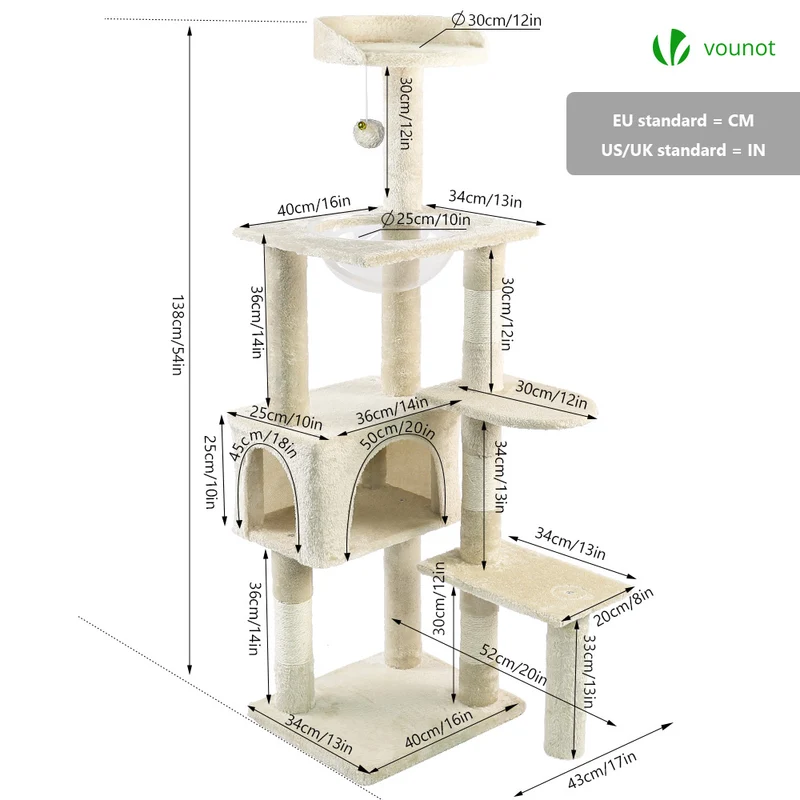 Arbre à Chat 138cm avec Griffoir Plateforme Niche et Capsule Spatiale beige