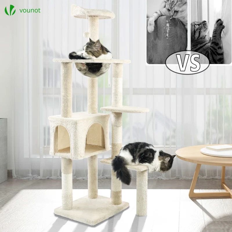 Arbre à Chat 138cm avec Griffoir Plateforme Niche et Capsule Spatiale beige