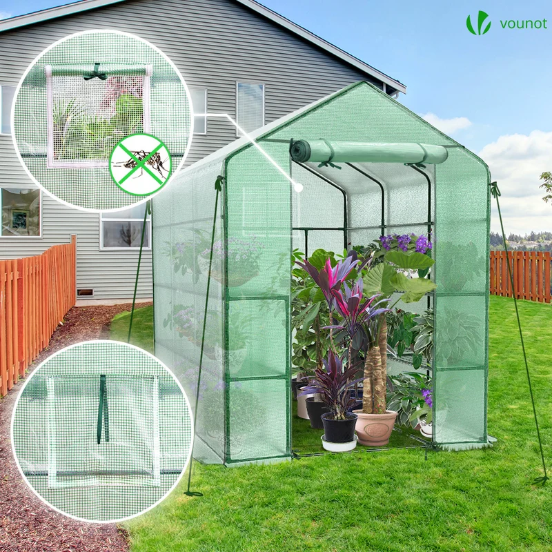 Serre de jardin avec etageres et bache PE renforcee 135g/m2 143x215x195cm Vert