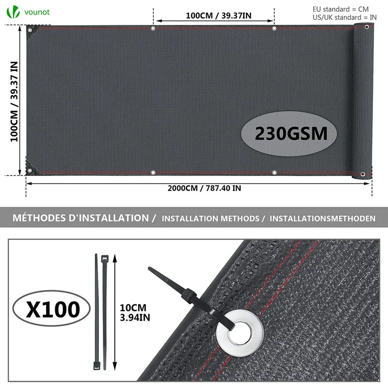 Brise vue occultant en HDPE 230g/m² 1x20m avec attaches de fixation anthracite