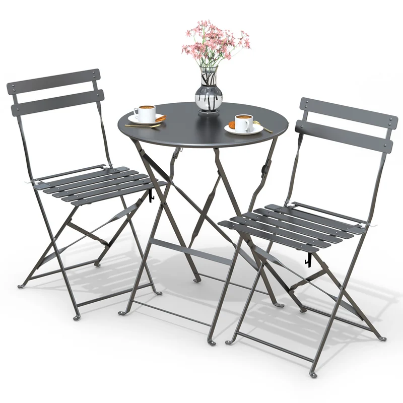 Ensemble bistro extérieur 1 table 2 chaises acier gris