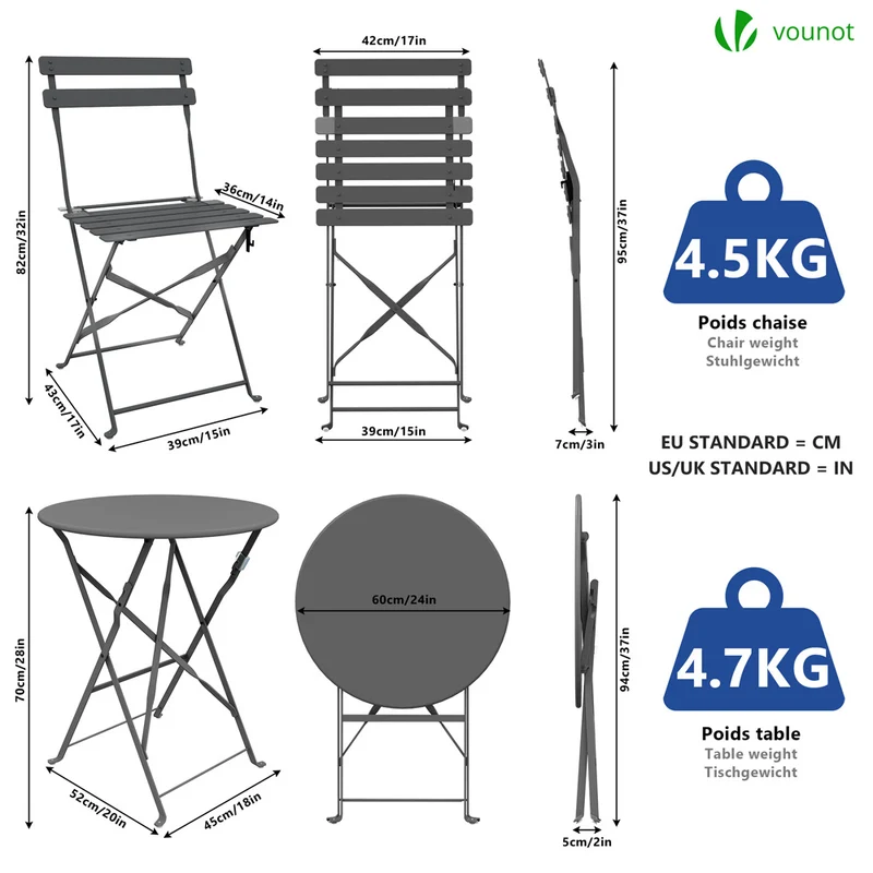 Ensemble bistro extérieur 1 table 2 chaises acier gris