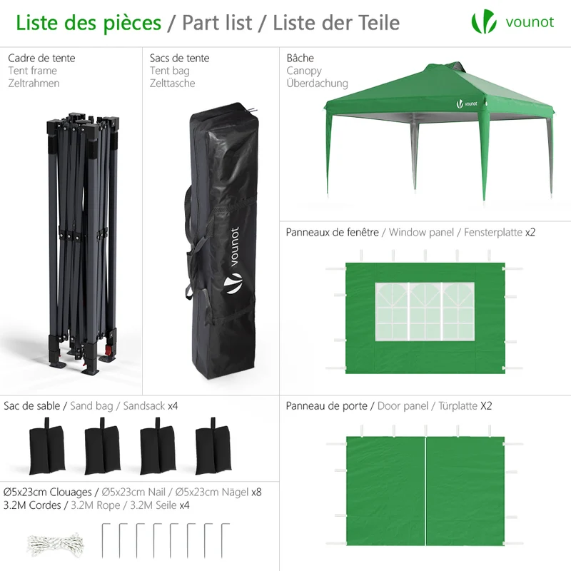 Tonnelle de Jardin 3x3m POP UP installation facile avec portes et fenetres Vert