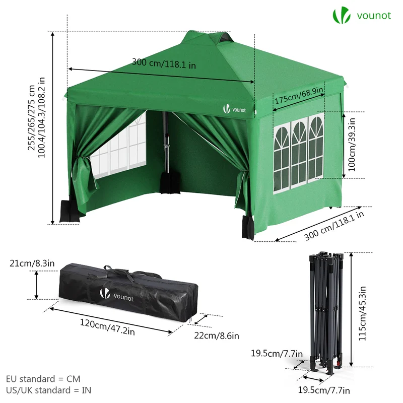 Tonnelle de Jardin 3x3m POP UP installation facile avec portes et fenetres Vert
