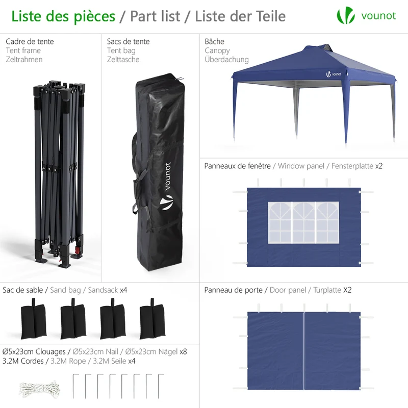 Tonnelle de Jardin 3x3m POP UP installation facile avec portes et fenetres Bleu