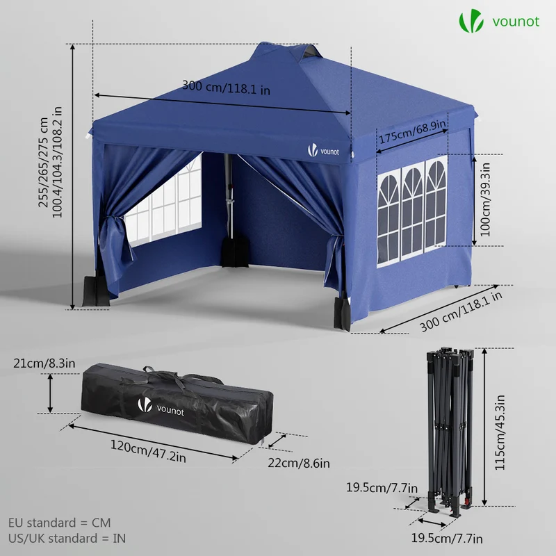 Tonnelle de Jardin 3x3m POP UP installation facile avec portes et fenetres Bleu
