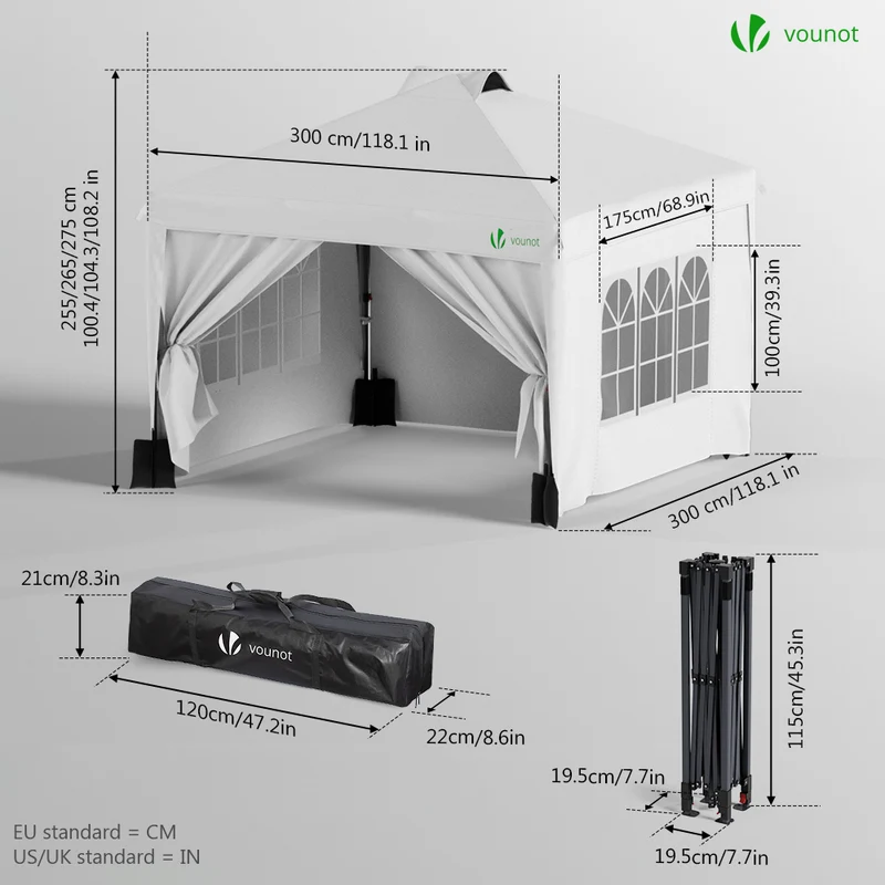Tonnelle de Jardin 3x3m POP UP installation facile avec portes et fenetres Blanc