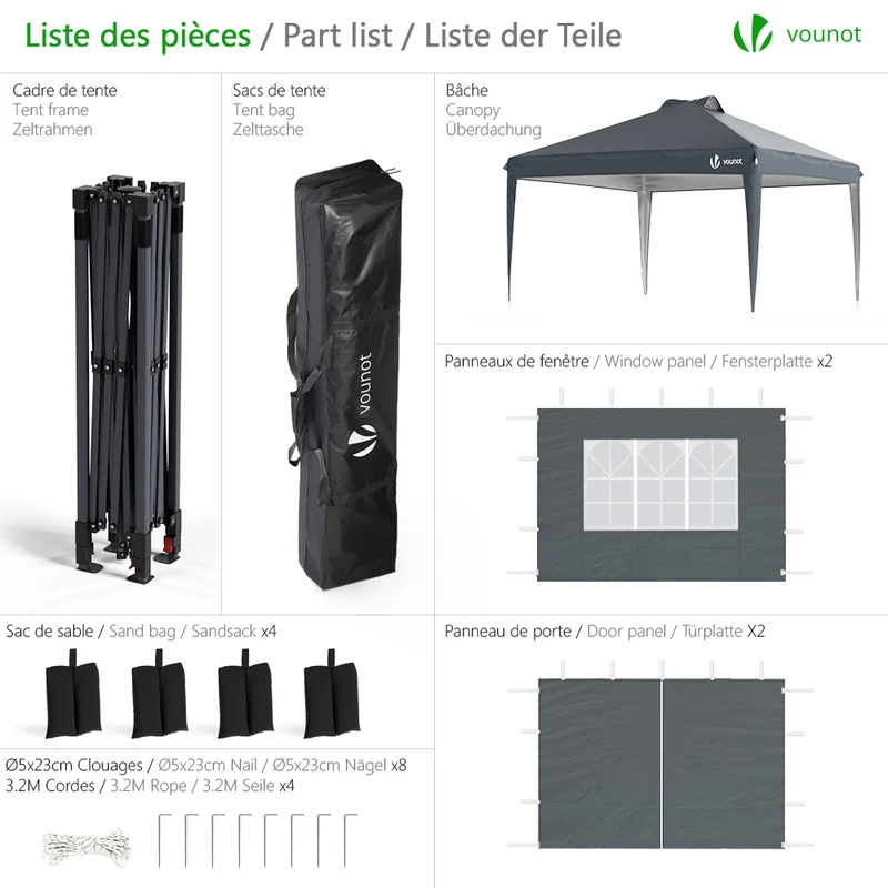Tonnelle de Jardin 3x3m POP UP installation facile avec portes et fenetres Gris
