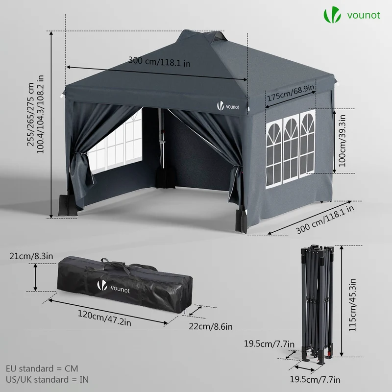 Tonnelle de Jardin 3x3m POP UP installation facile avec portes et fenetres Gris