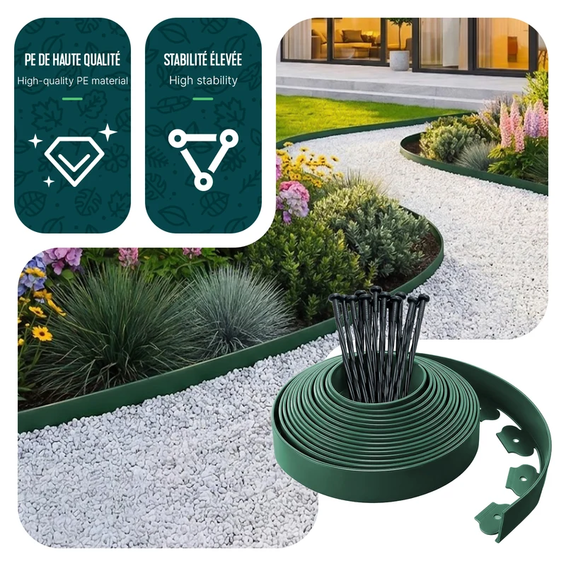 Bordure de jardin plastique flexible 10m avec piquets vert