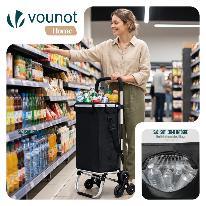 Chariot de courses pliable monte escalier aluminium avec sac isotherme noir
