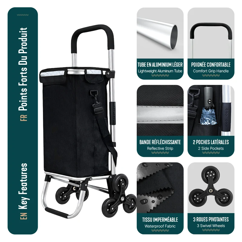 Chariot de courses pliable monte escalier aluminium avec sac isotherme noir