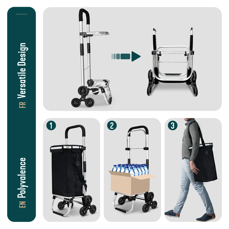 Chariot de courses pliable monte escalier aluminium avec sac isotherme noir
