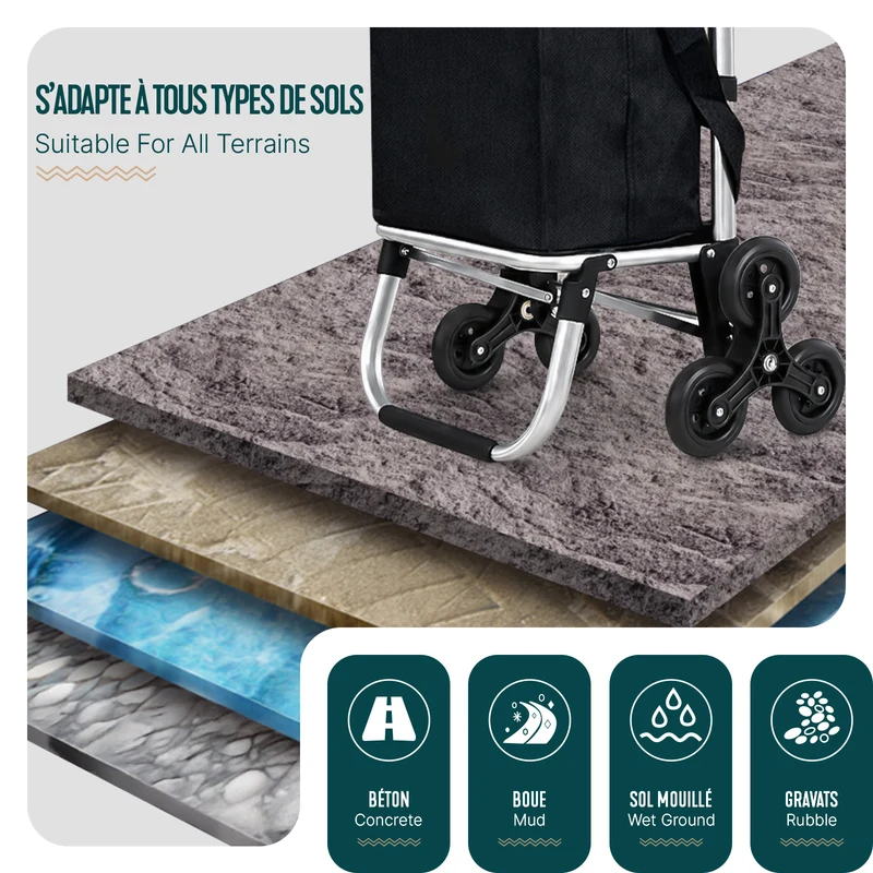 Chariot de courses pliable monte escalier aluminium avec sac isotherme noir