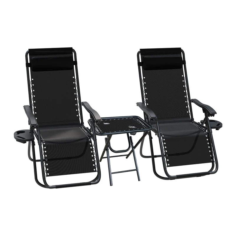 Lot de 2 Chaise longue inclinable en textilene avec table d'appoint porte gobelet et portable noir