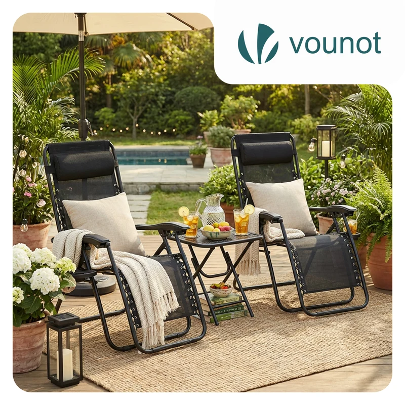 Lot de 2 Chaise longue inclinable en textilene avec table d'appoint porte gobelet et portable noir